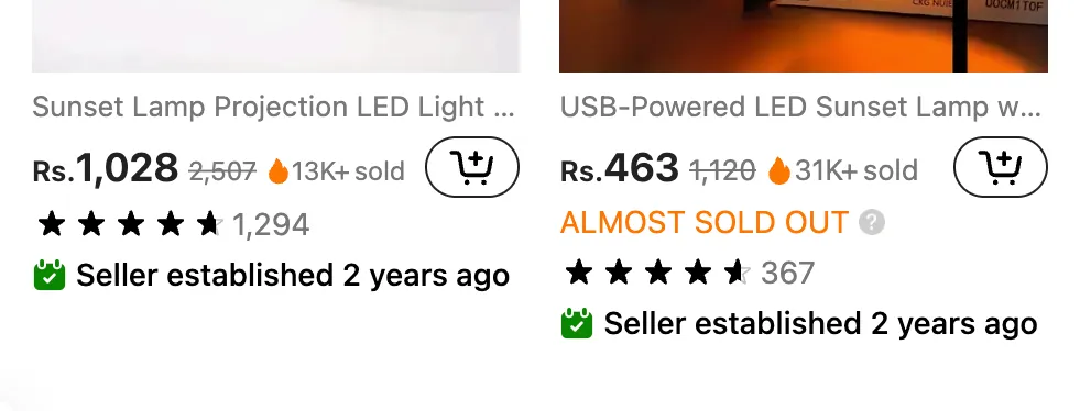 sunsent lamp with %22Seller established 2 years ago%22 tag