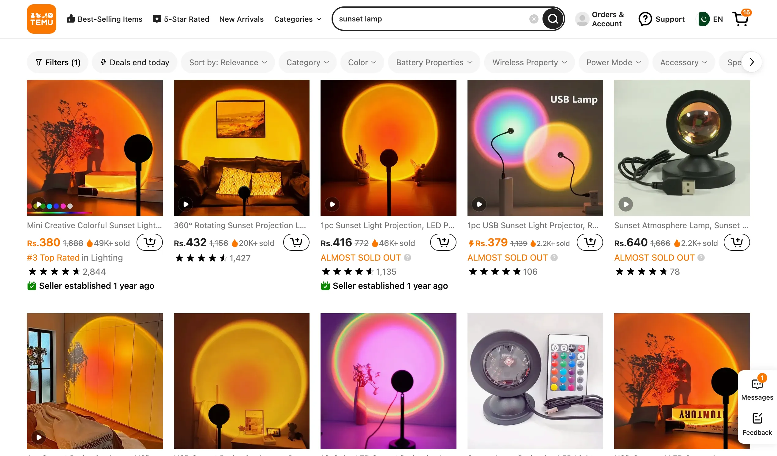 Sunset lamps listed on Temu
