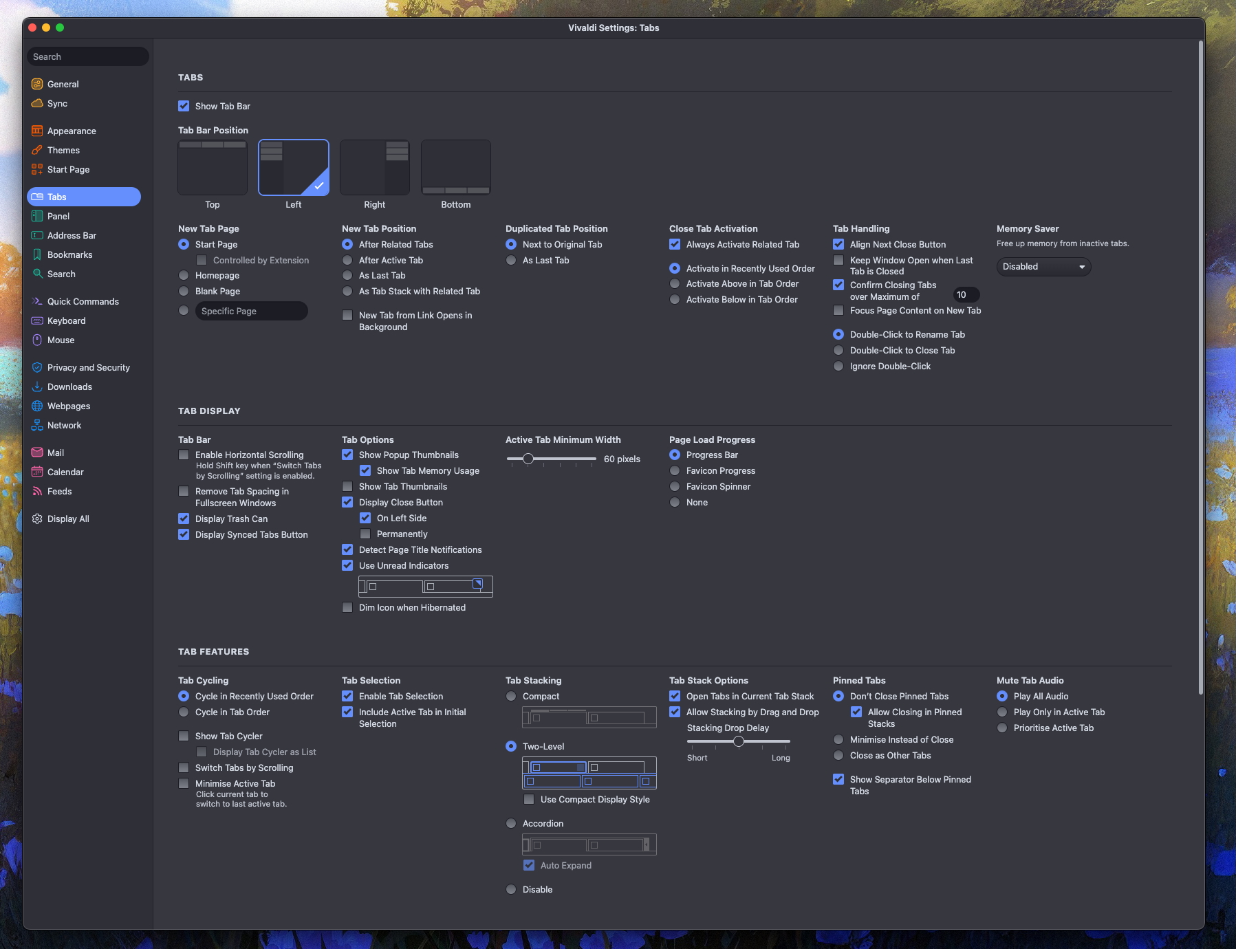 إعدادات متصفح Vivaldi.