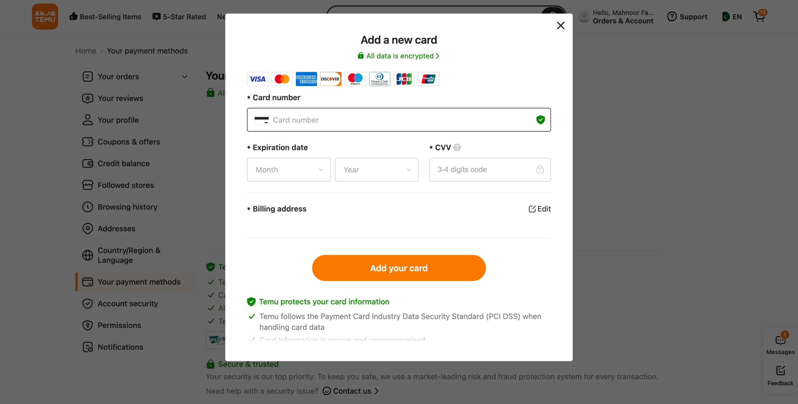 Temu %22Add a new card%22 page