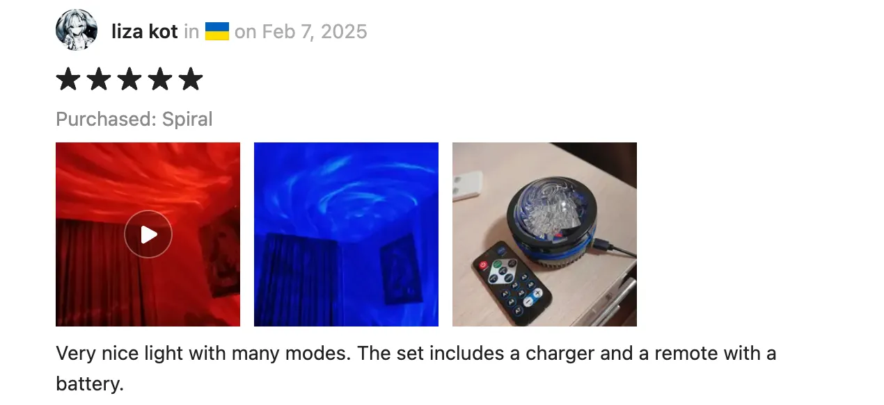 Temu product review with an image and video