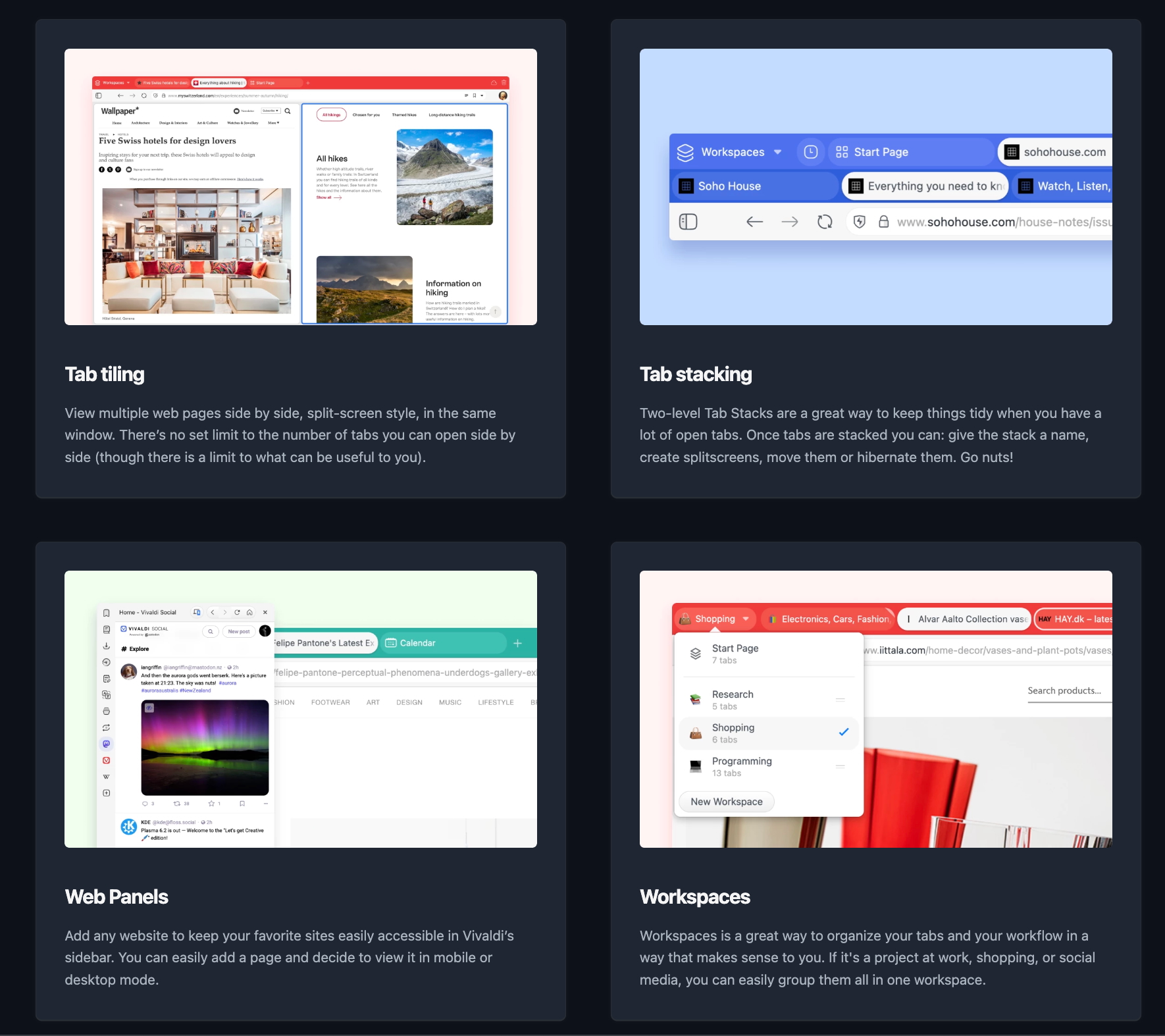Vivaldi website features pages.