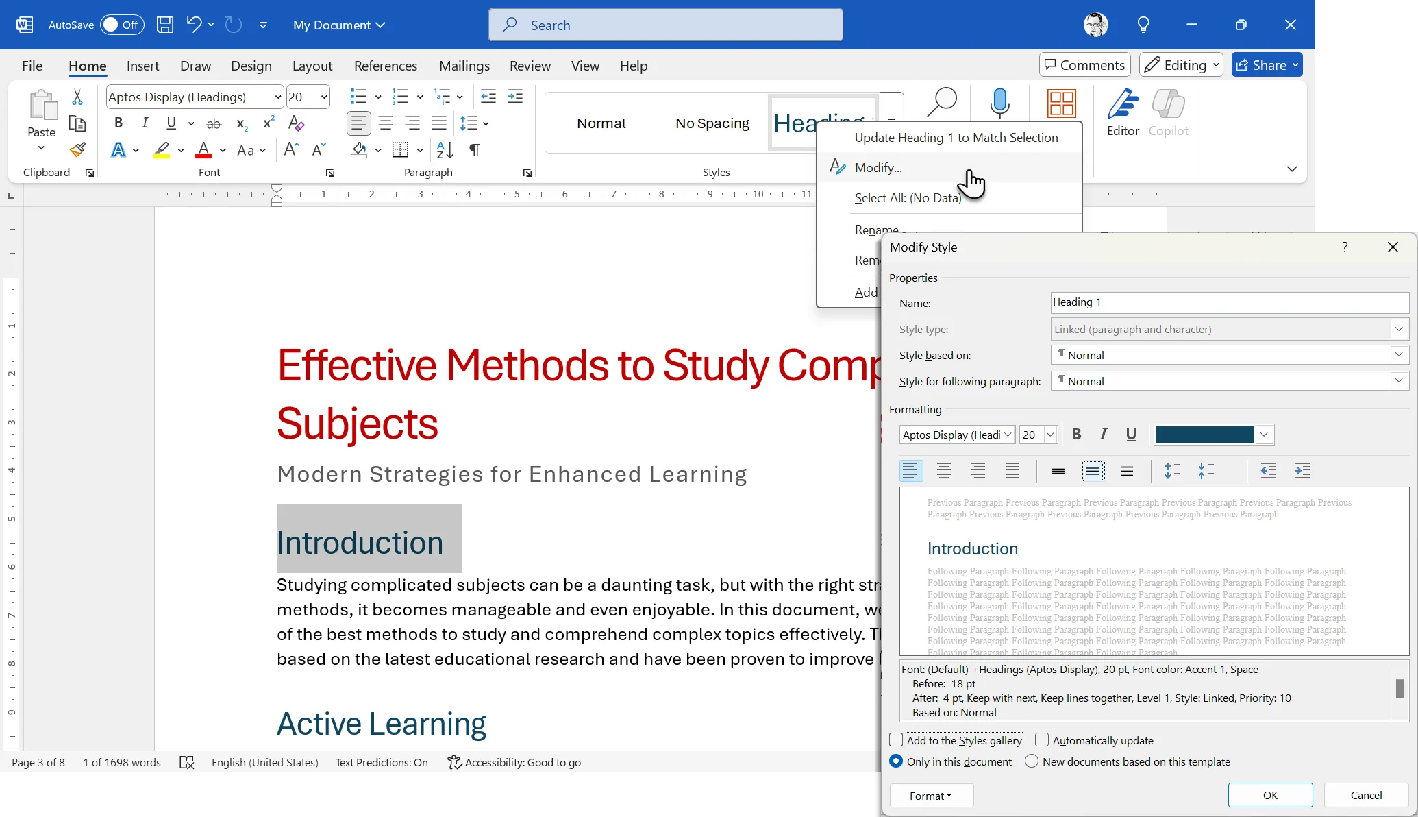 تطبيق أنماط العناوين في مستند Word
