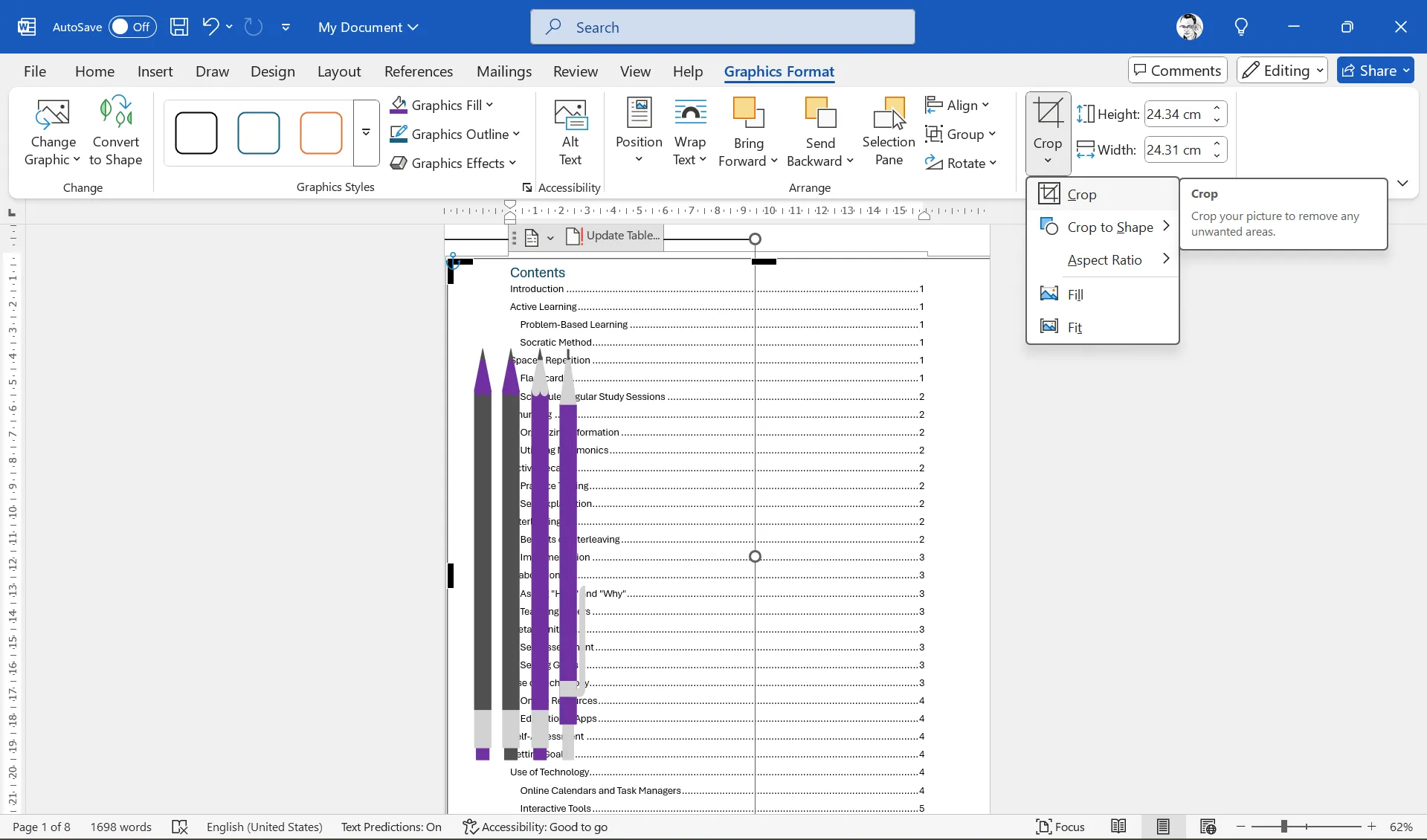 قص صورة مدرجة أعلى صفحة جدول المحتويات في Word