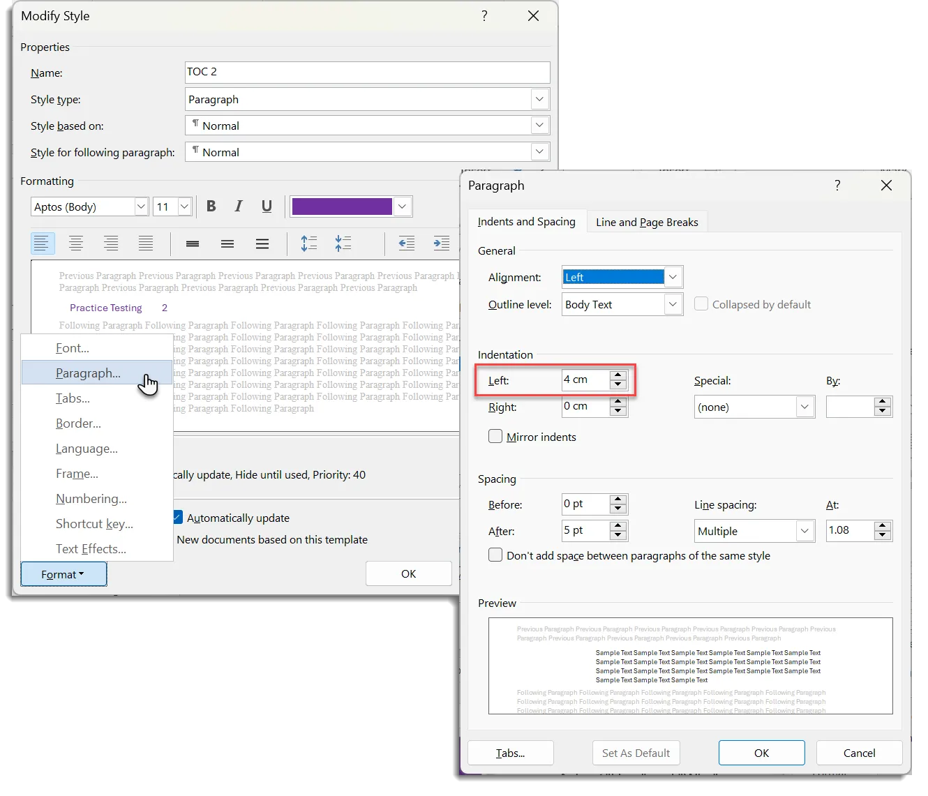 Indenting the Table of Contents away from the image in Word