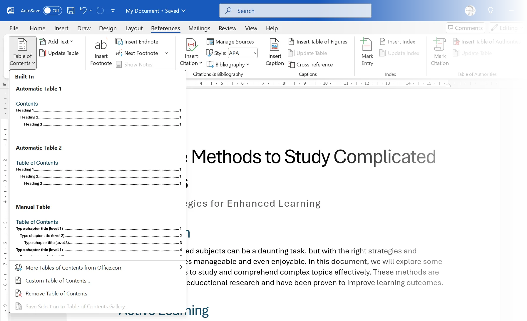 الوصول إلى قائمة جدول المحتويات في الشريط