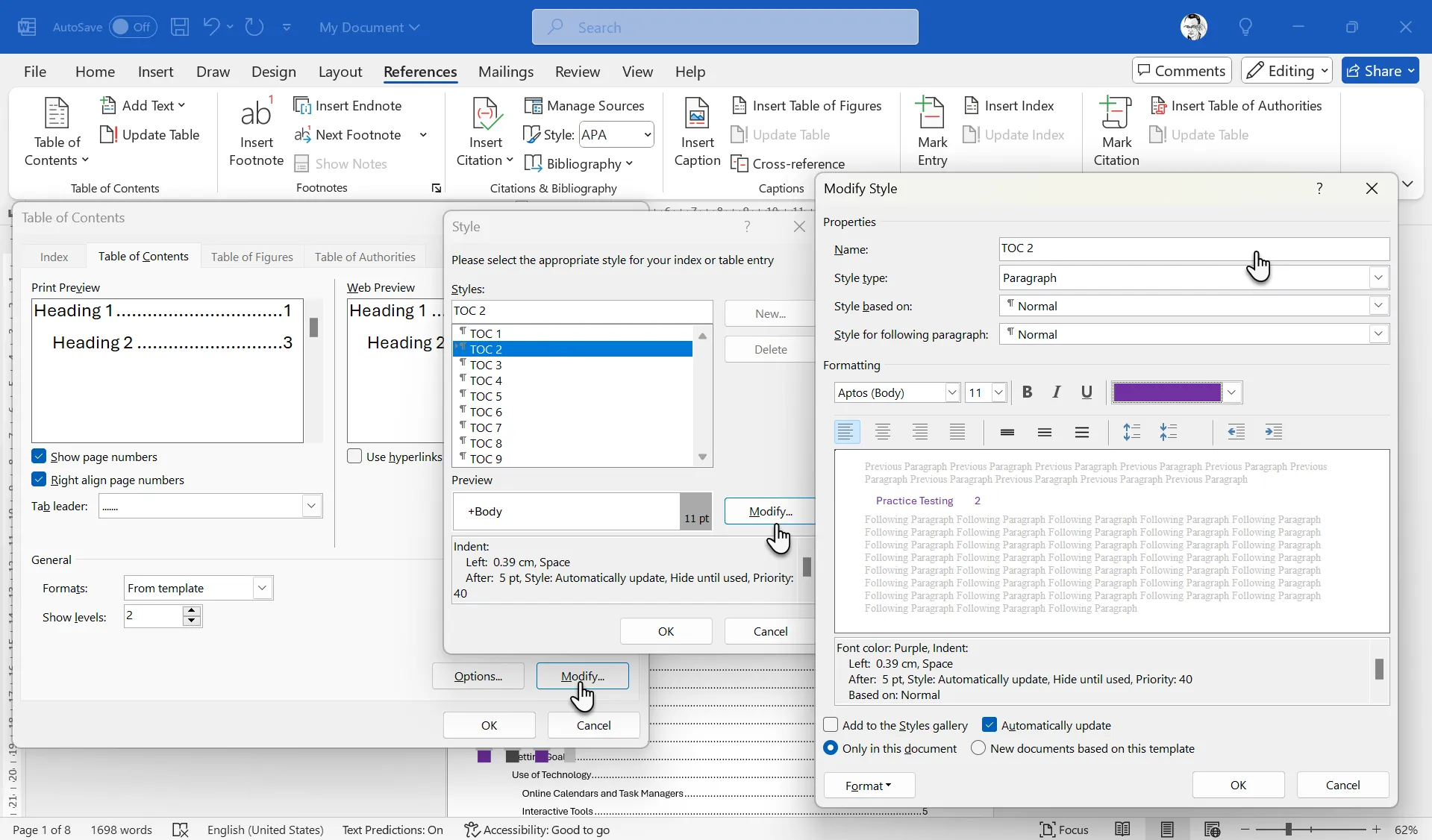 Modify styles to enhance the Table of Contents in Word