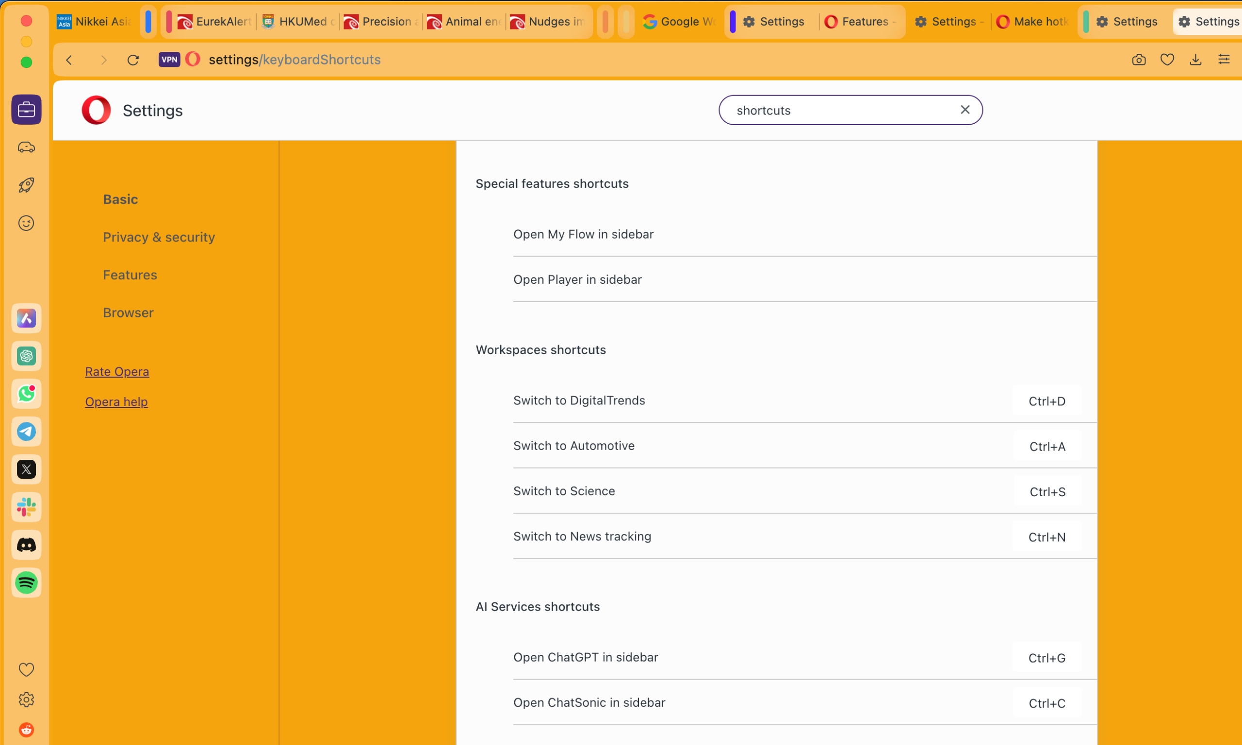 Workspaces shortcuts in Opera browser.