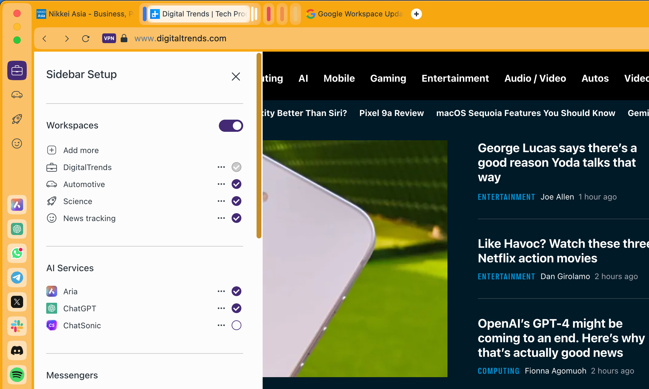 Workspaces setup in Opera browser.
