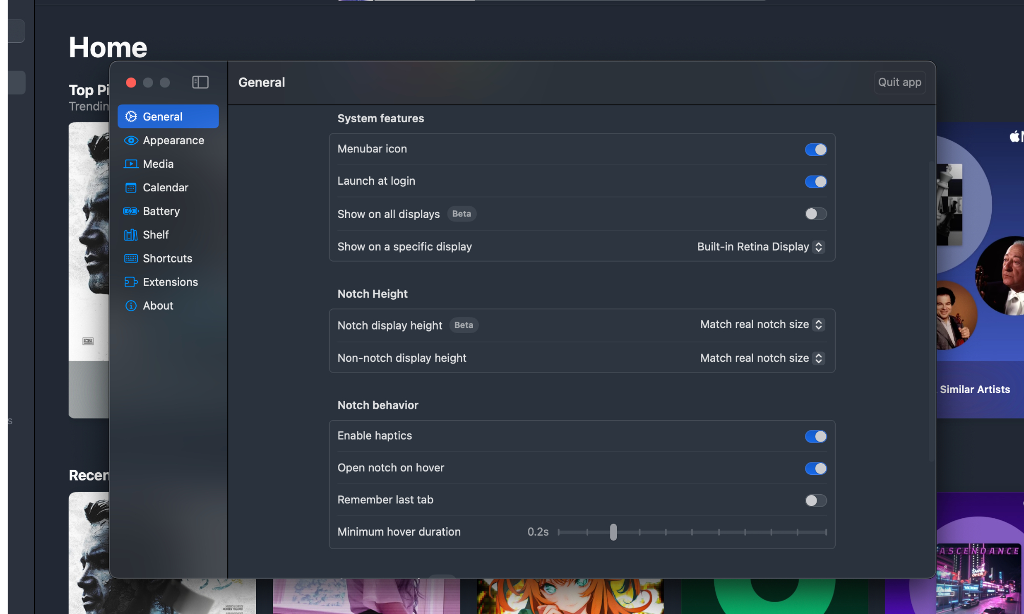 قائمة الإعدادات داخل تطبيق Boring Notch.