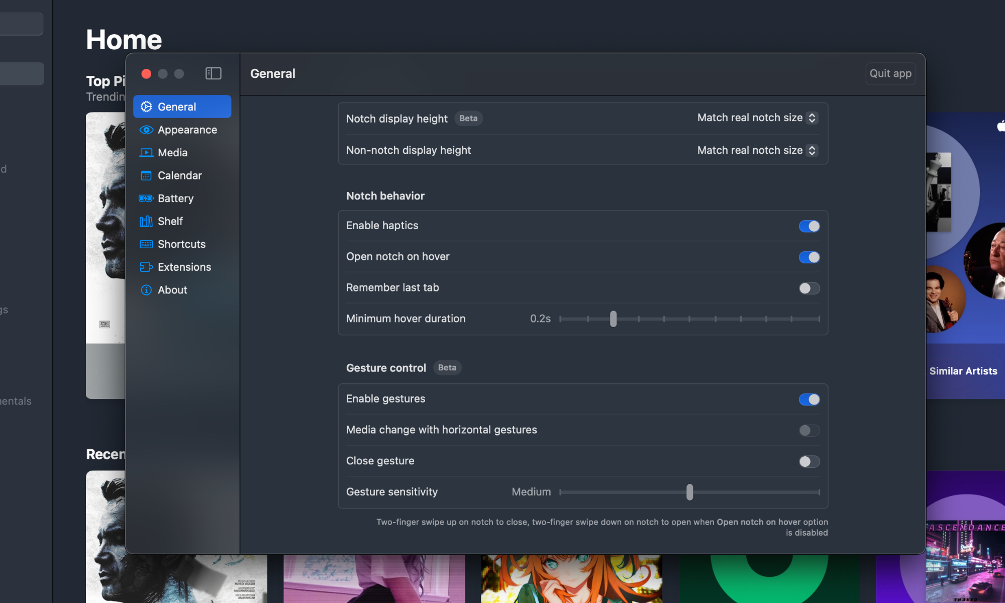 عناصر التحكم الأساسية داخل تطبيق Boring Notch.