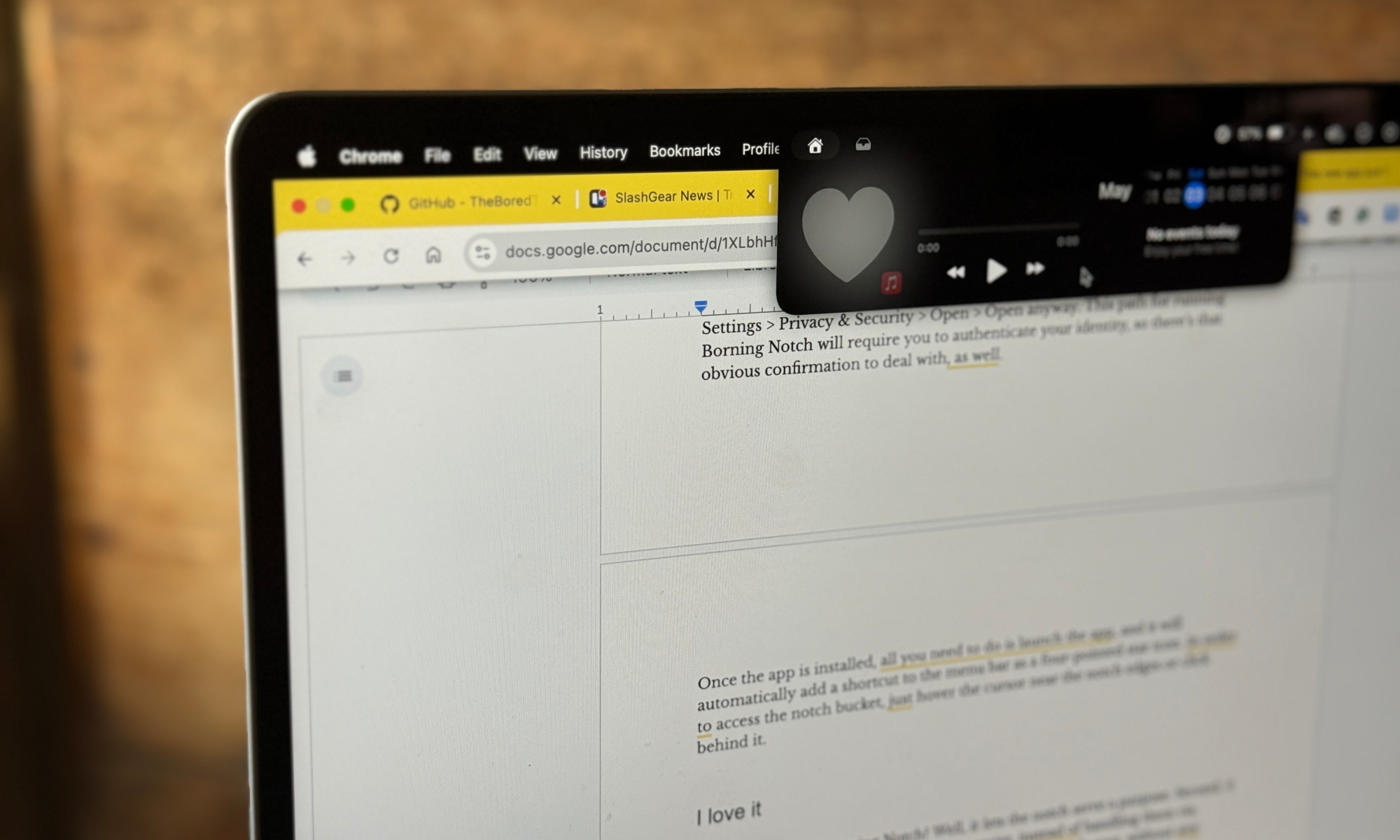 Music control within the Boring Notch app.