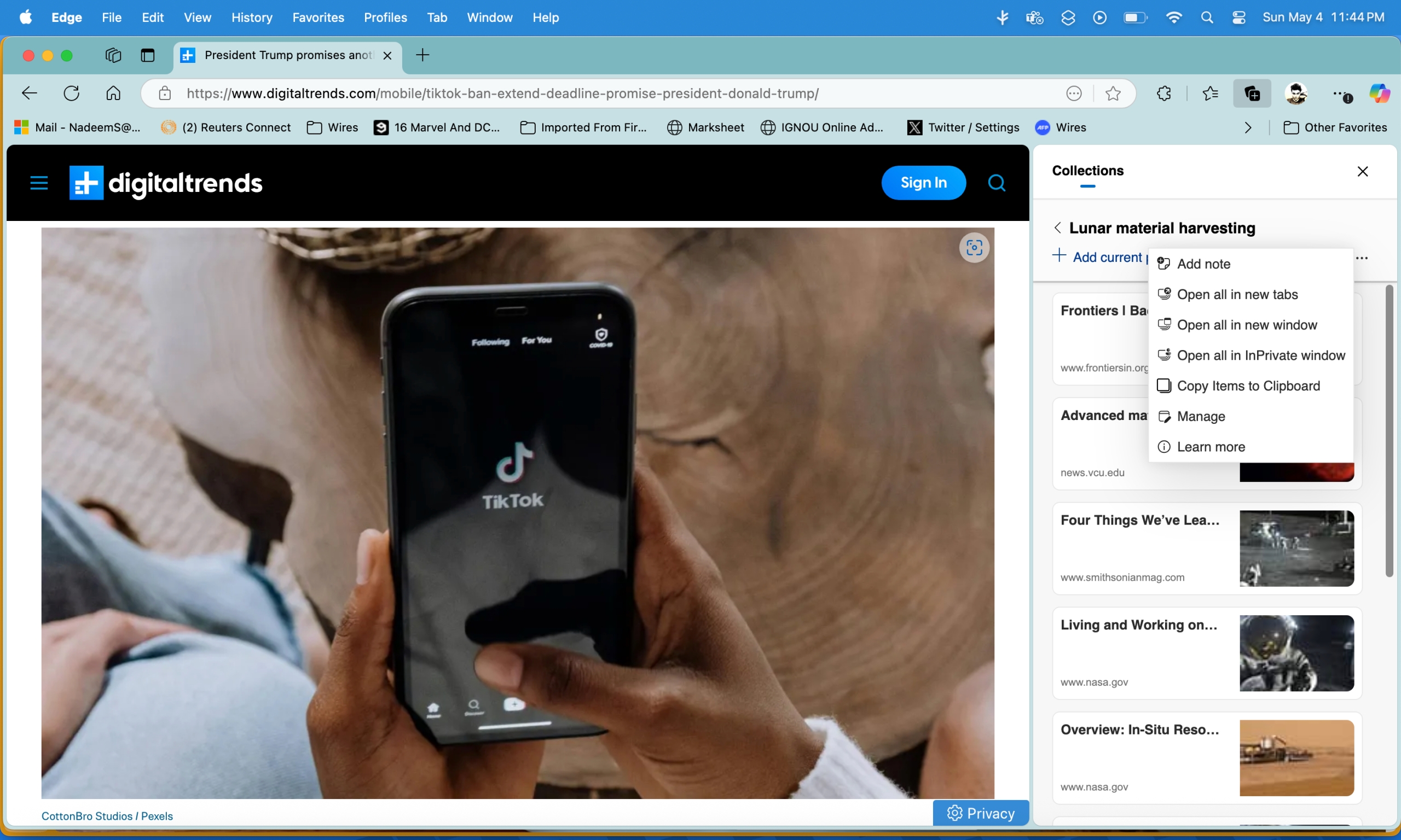 المجموعات في متصفح Edge.