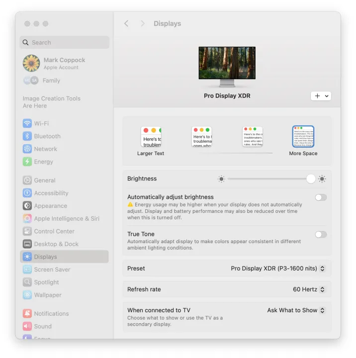 Apple Pro Display XDR display settings screenshot.