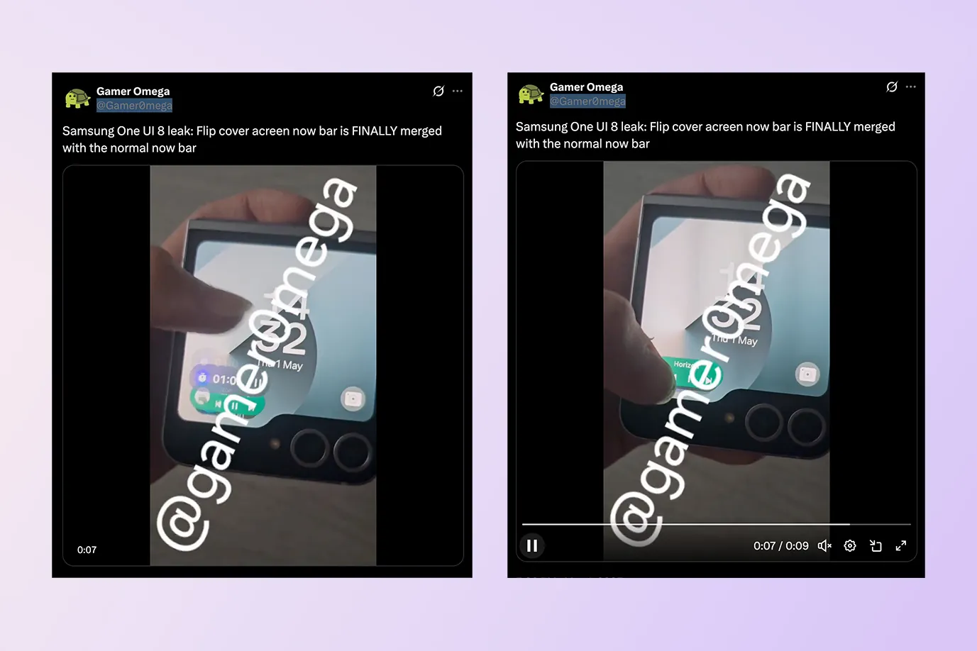 واجهة Samsung One UI 8 المسربة مع شريط Now Bar على شاشة الغطاء لهاتف Galaxy Z Flip 5 6.