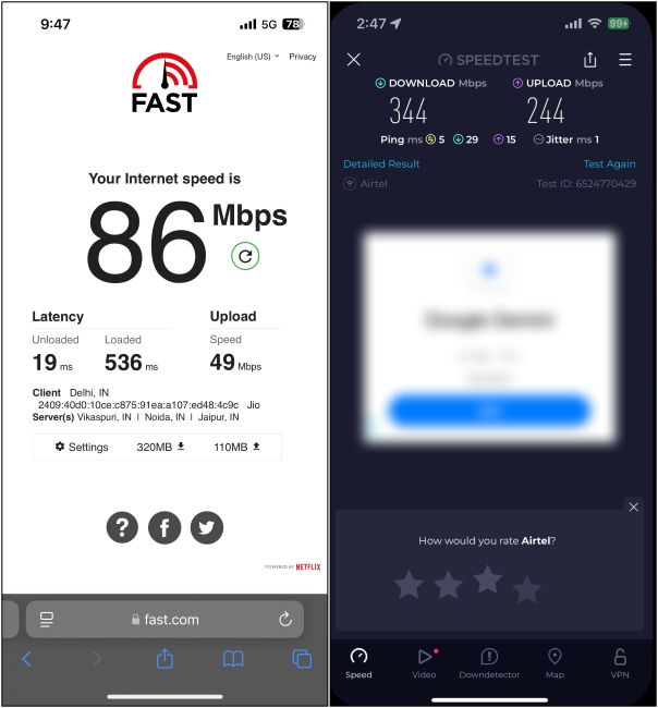 لقطات شاشة توضح اختبارات سرعة الإنترنت على iPhone 16e