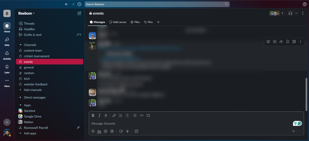 Slack Interface layout