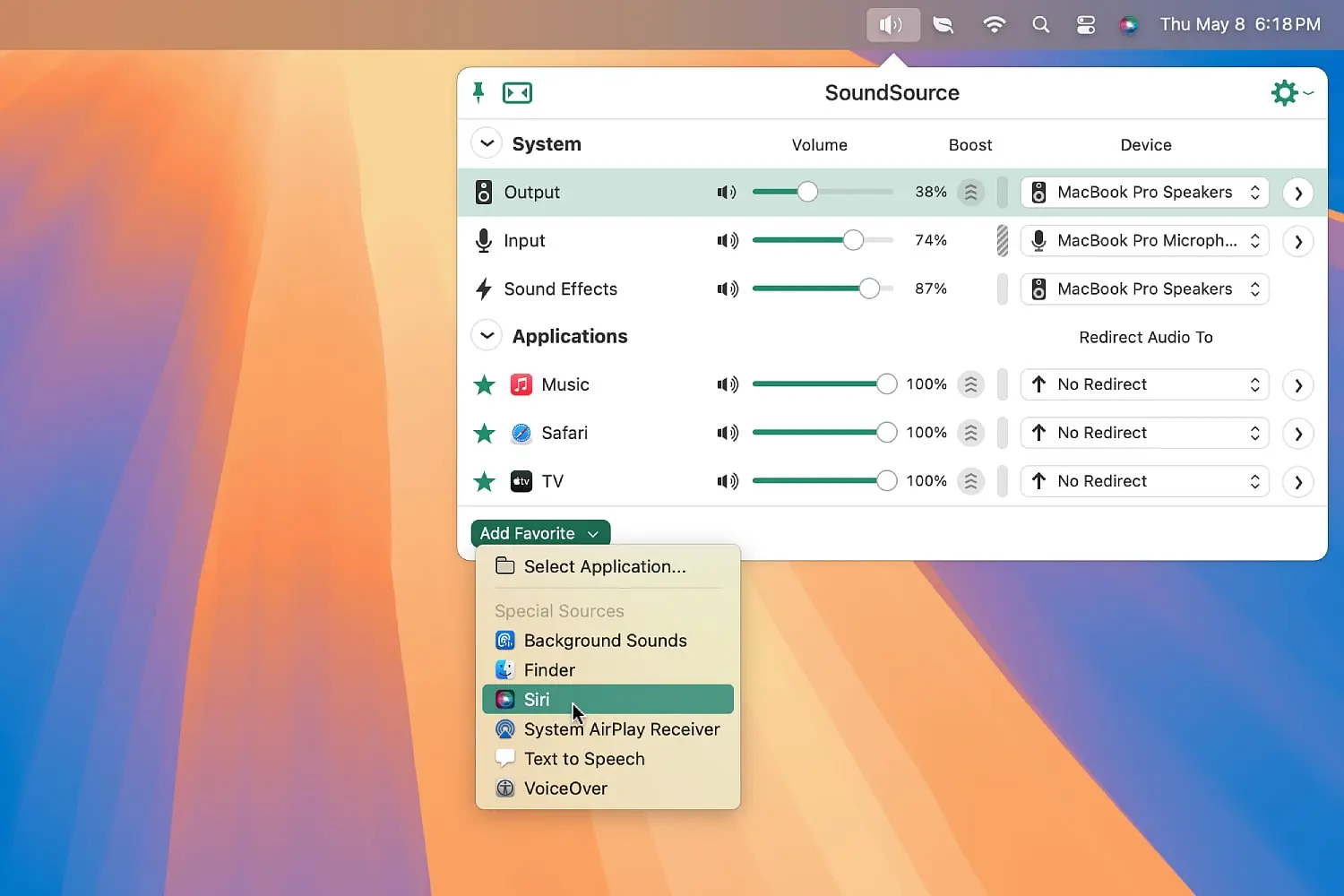 تطبيق SoundSource في نظام macOS Sequoia.