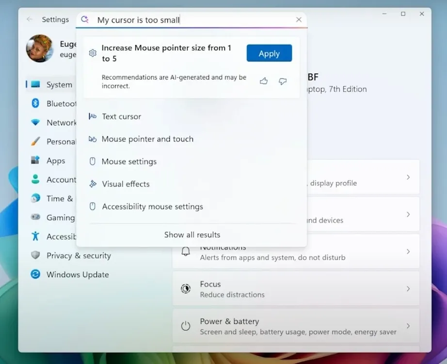 ai agent in windows 11 settings