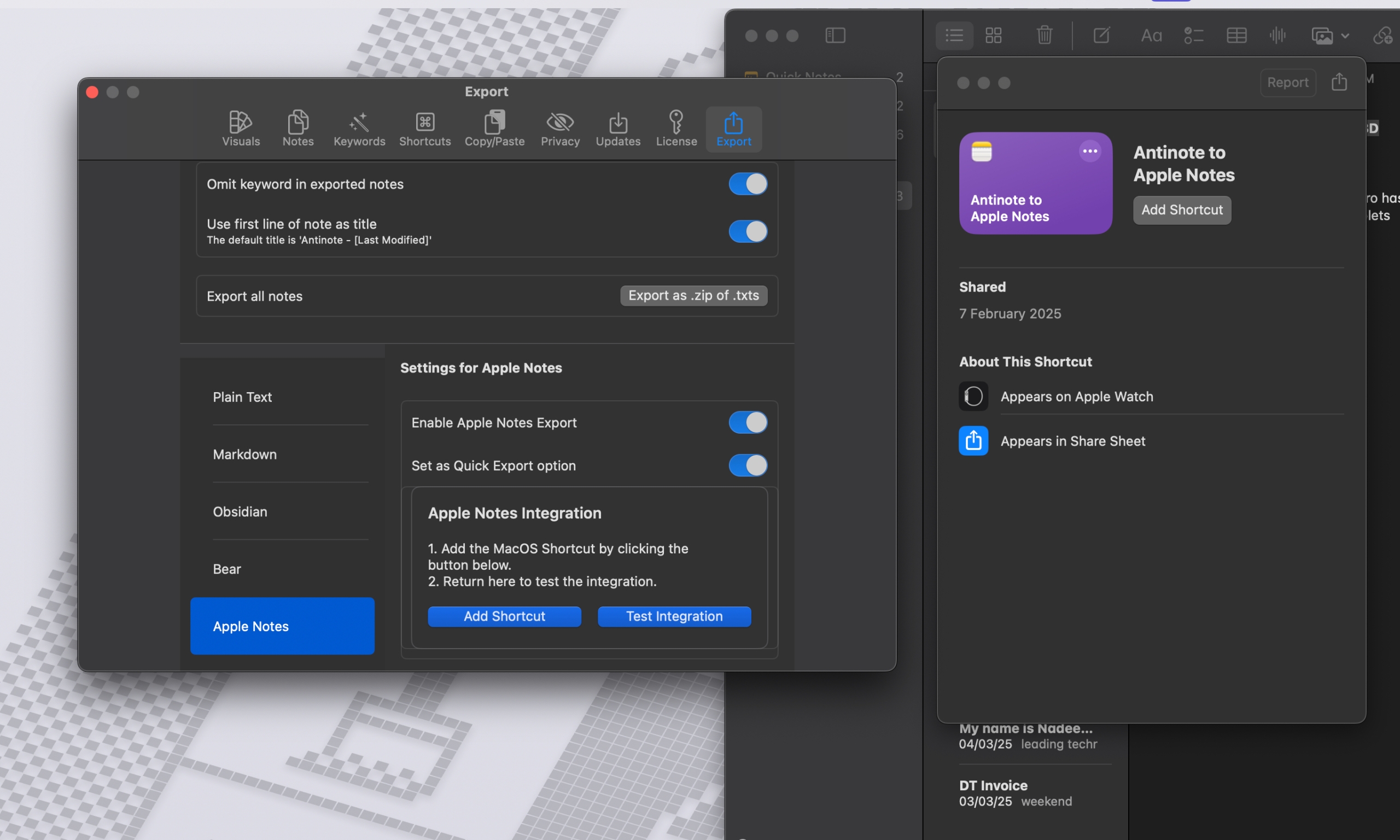 Export controls in Antinote app for macOS.