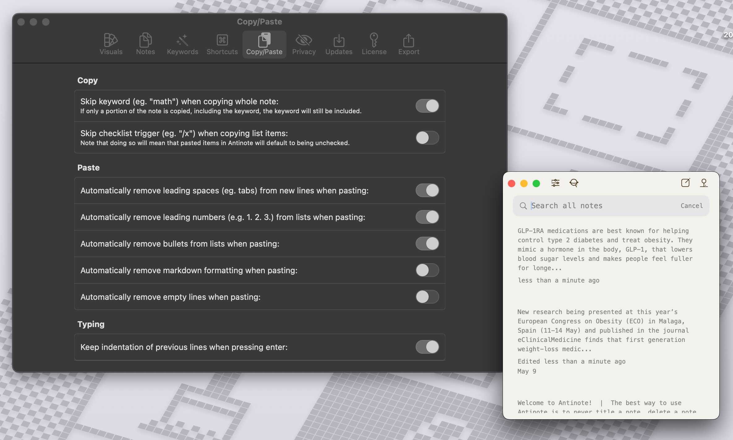عناصر التحكم في النسخ واللصق في تطبيق Antinote لنظام macOS.