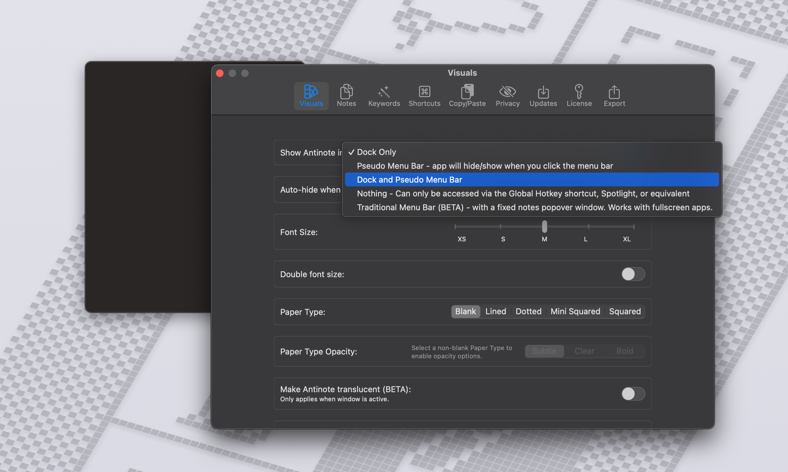 Visual controls in the Antinote app for macOS.