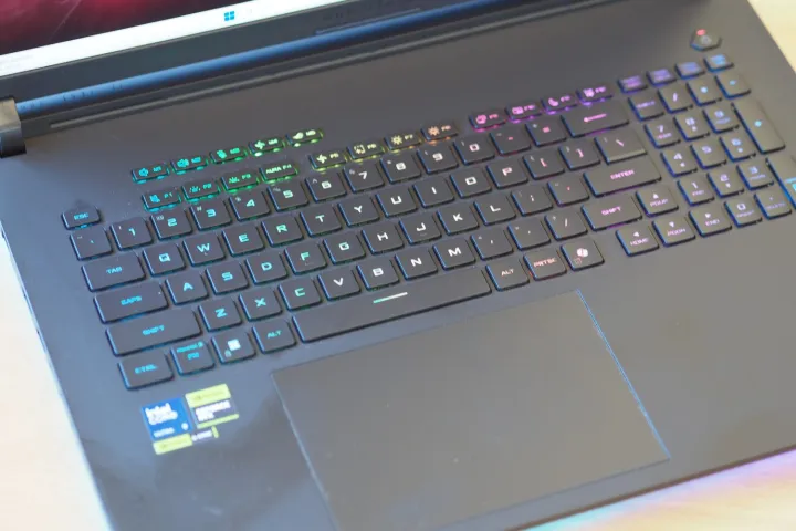 Asus Strix SCAR 18 2025 top down view showing keyboard and touchpad.