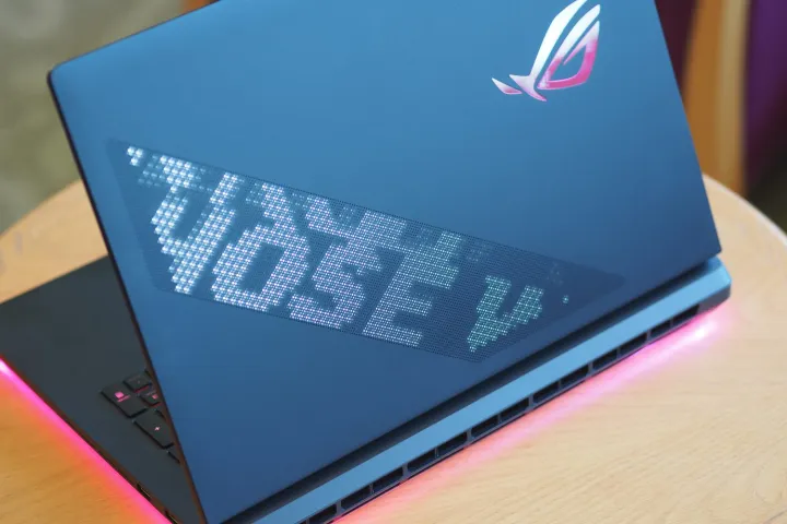 Asus ROG Strix SCAR 18 2025 rear view showing AniME and RGB lighting.