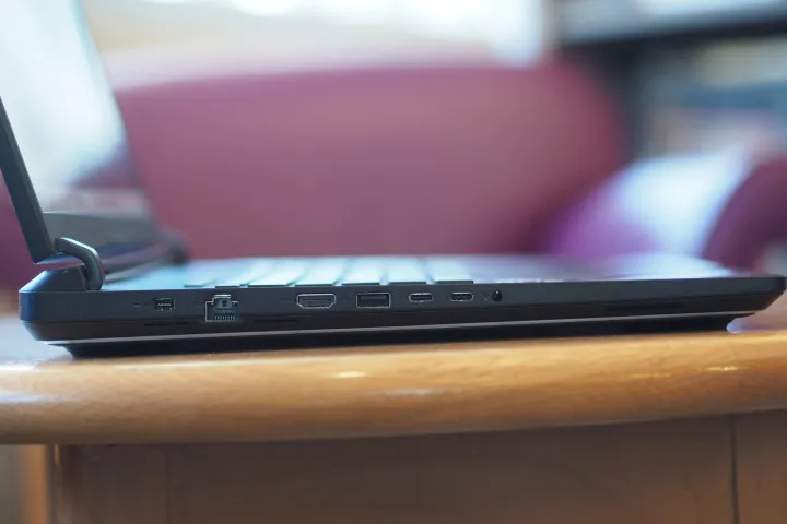 Asus ROG Strix SCAR 18 2025 side view showing display and ports.