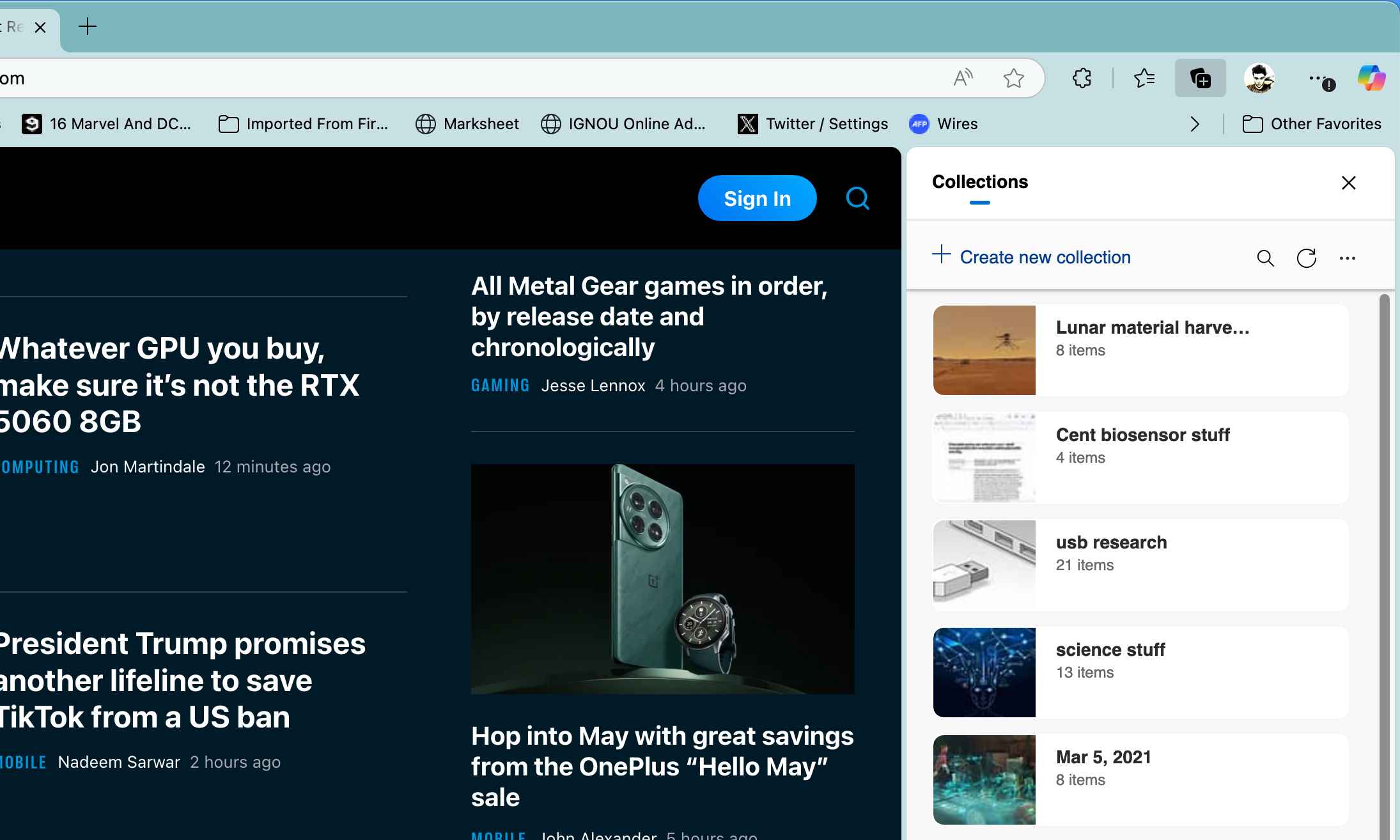 مجموعات موسعة في متصفح Edge.