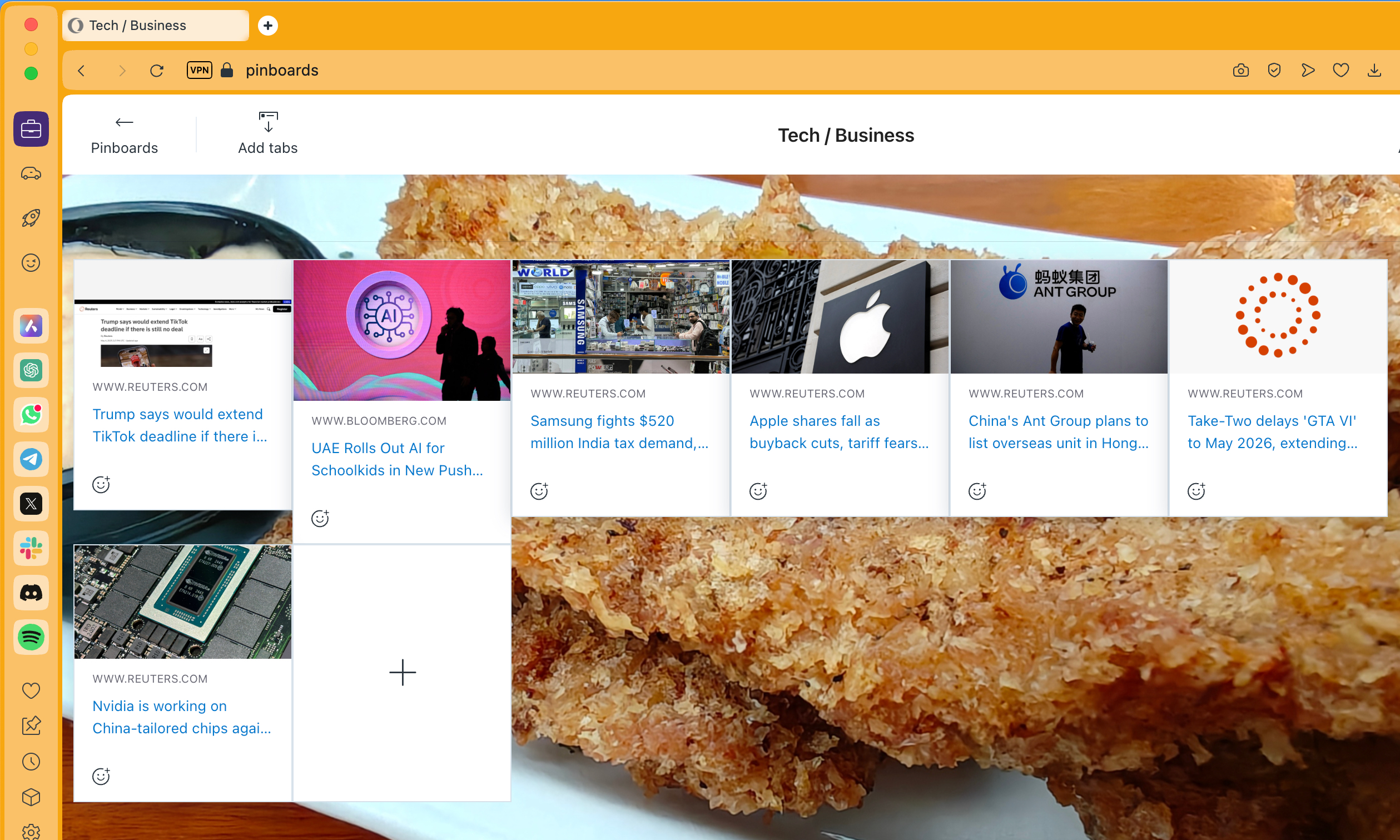 بطاقات لوحة الدبابيس المكثفة في Opera.
