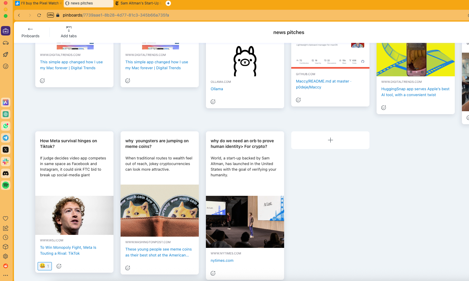 بطاقات لوحة الدبابيس في متصفح Opera.