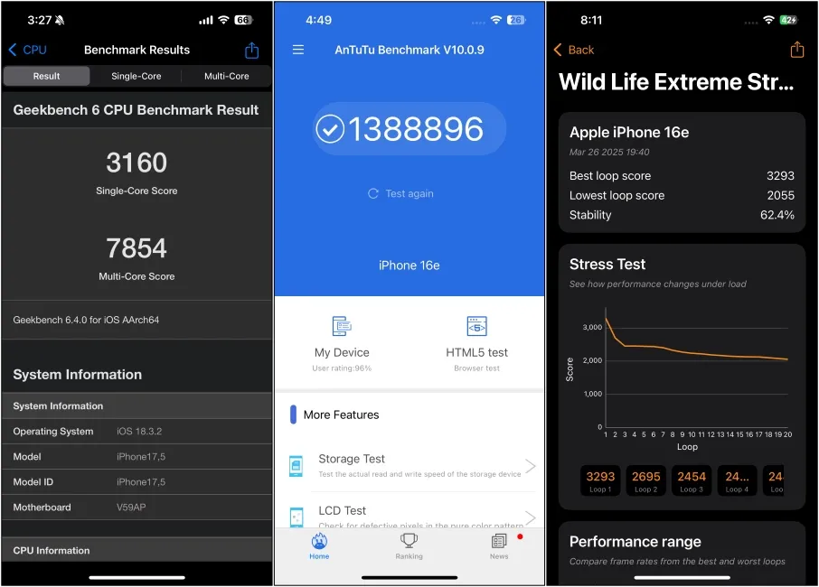 نتائج اختبارات الأداء لهاتف iPhone 16e