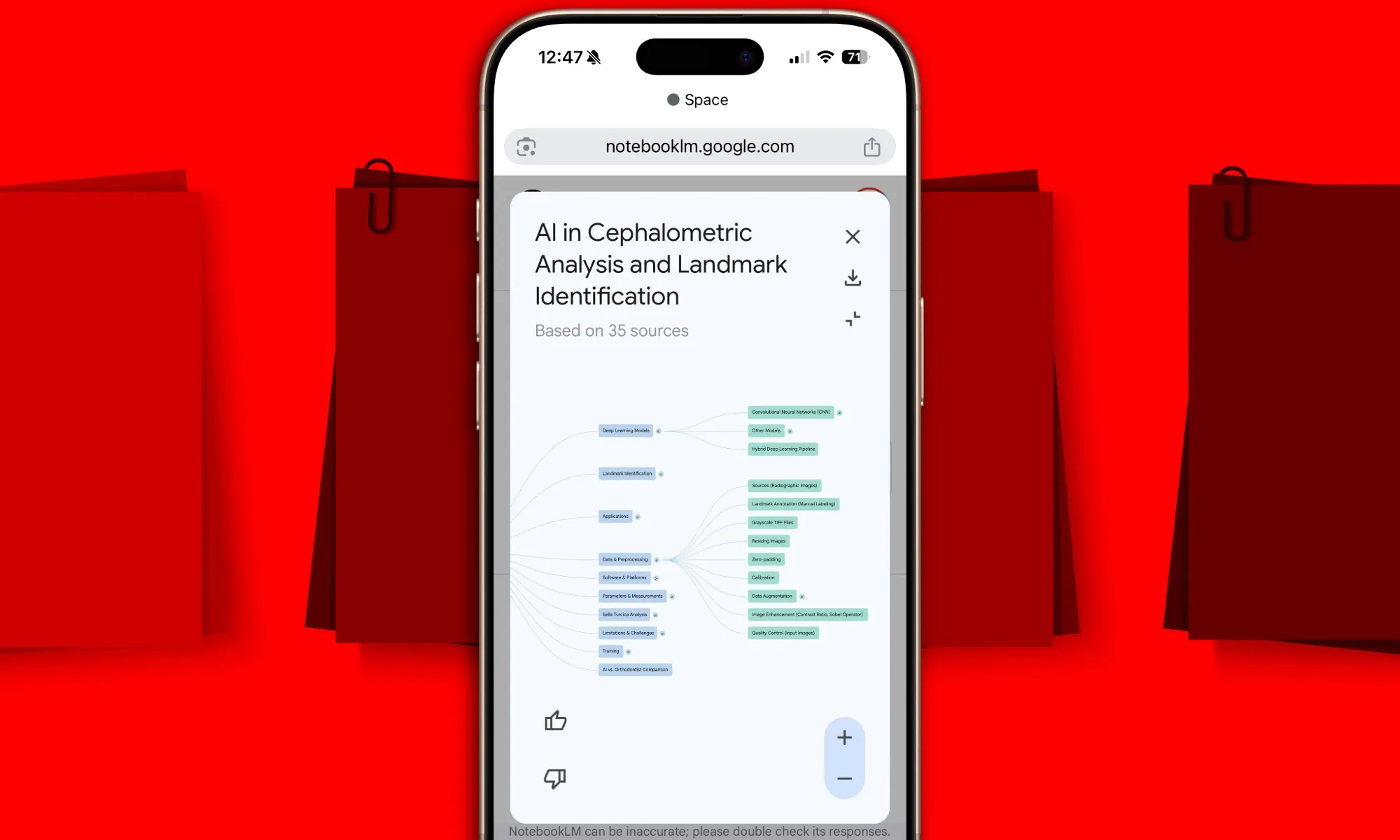 عرض الخريطة الذهنية NotebookLM على iPhone 16 Pro.