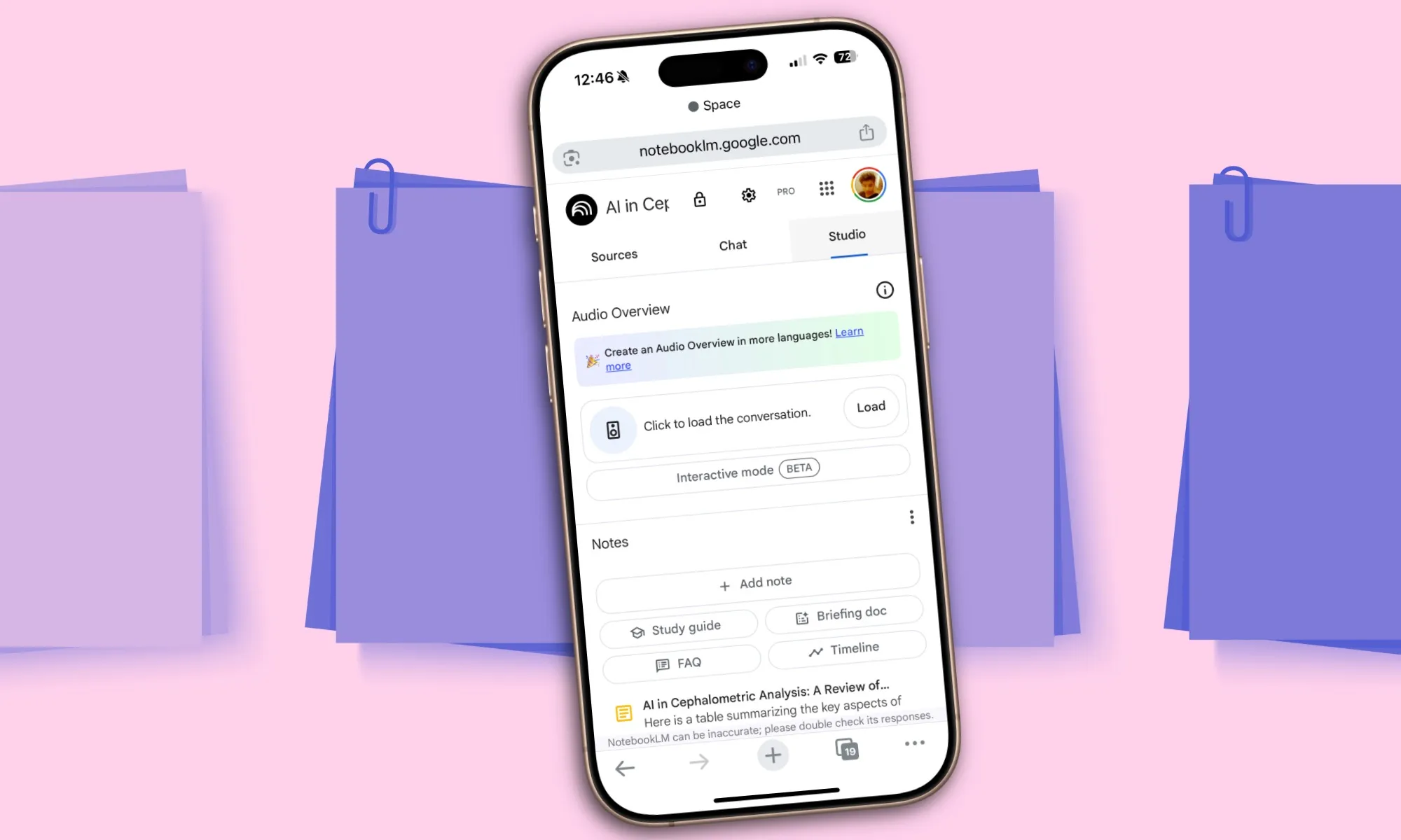 نسخة الويب من تطبيق NotebookLM من Google.