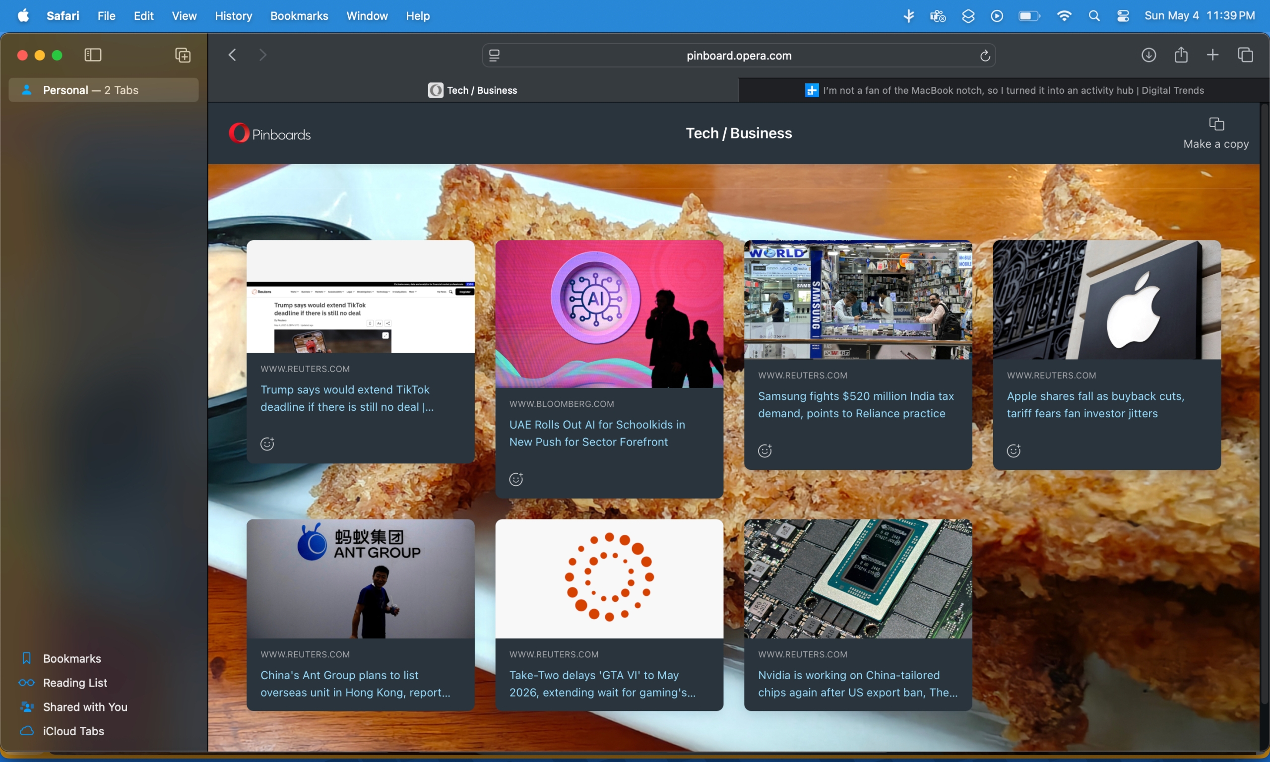 لوحات الدبابيس في Safari.