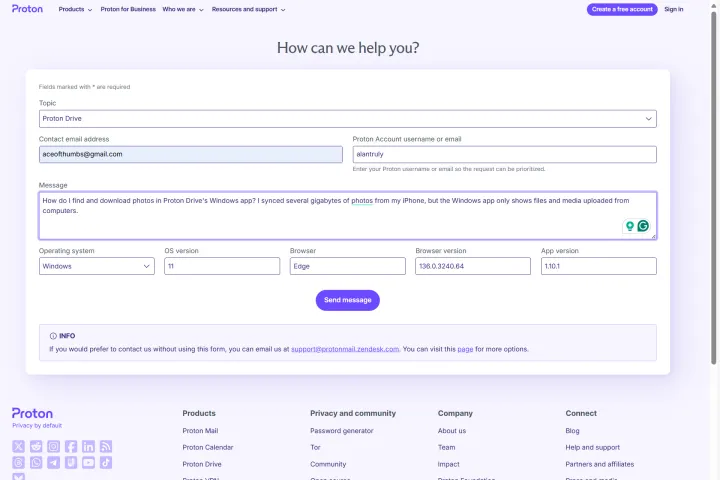 Proton Drive offers support via email after filling out a form.