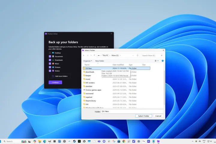 يقترح Proton Drive مجلدات للنسخ الاحتياطي ولكنه يسمح لي بإضافة أو إزالة ما أريد.