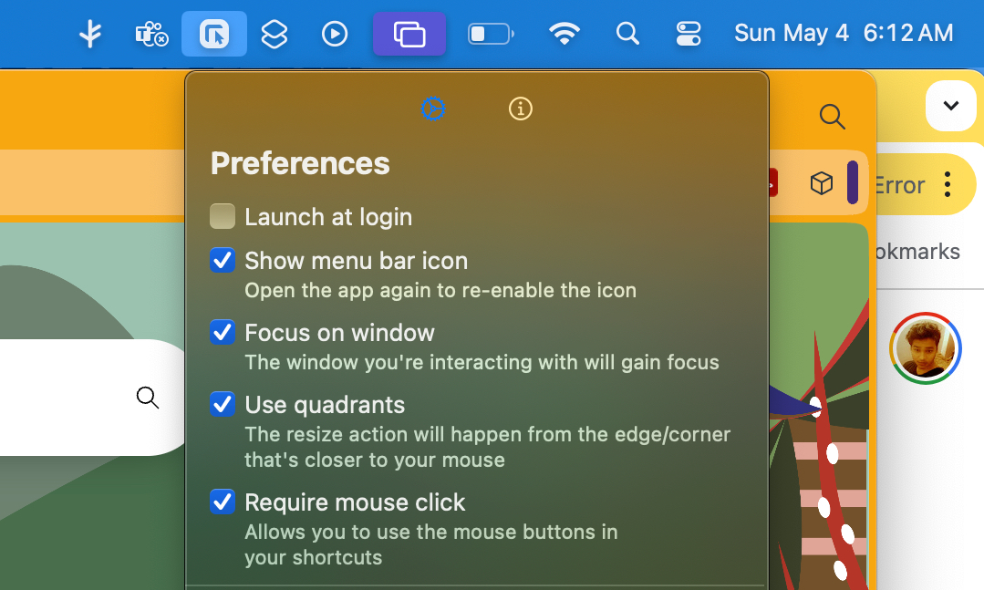 عناصر التحكم الأساسية لتطبيق Swift Shift على جهاز Mac.