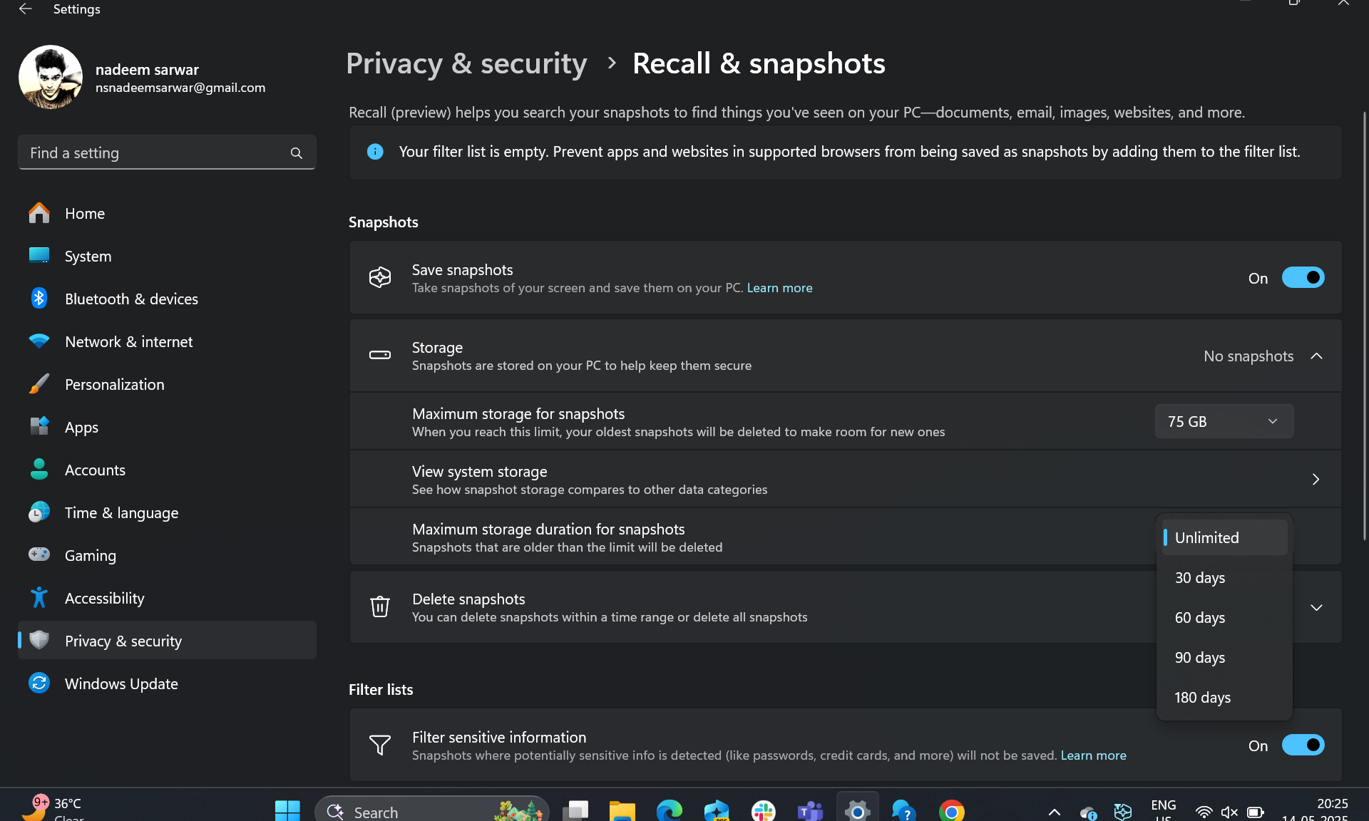 إعدادات ميزة Windows 11 Recall.