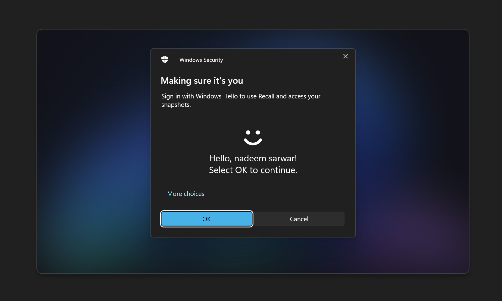 تحديد هوية المستخدم باستخدام Windows 11 Recall.
