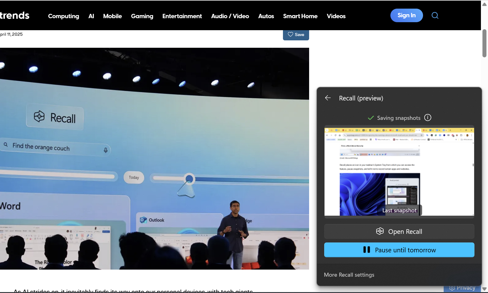 عرض شريط المهام في Windows 11 Recall.