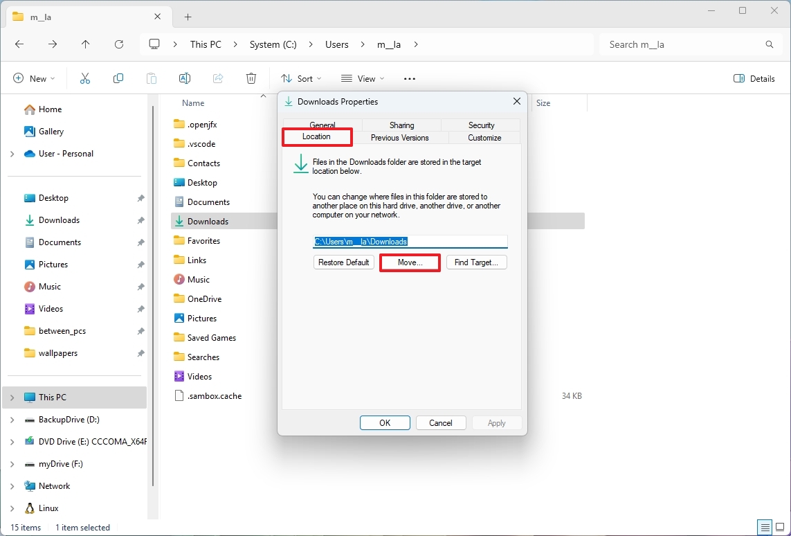 Downloads folder location tab