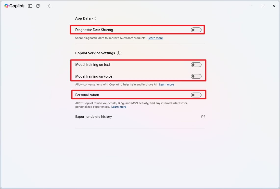 Copilot disable data collection