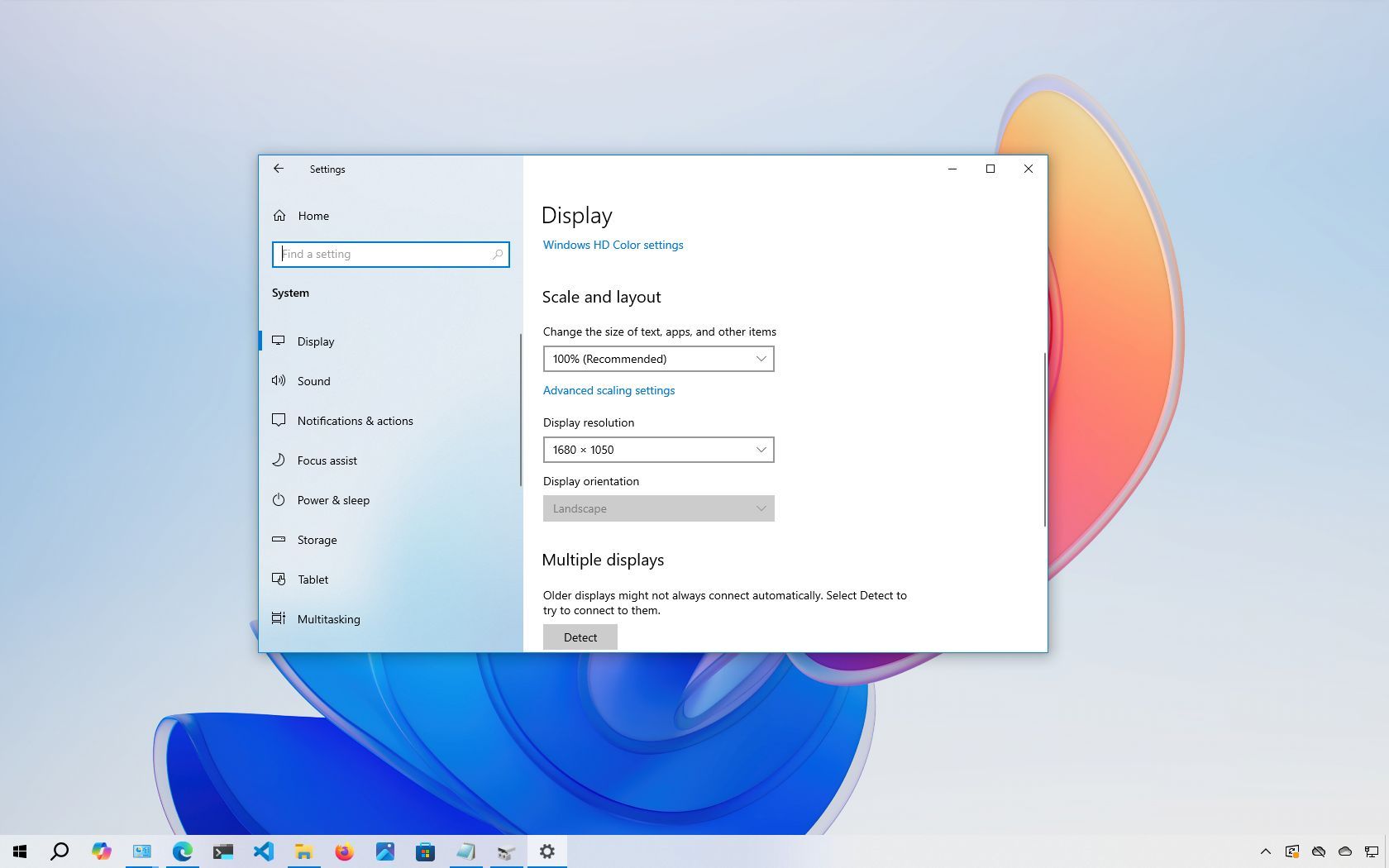 إعدادات اكتشاف الشاشة الثانية في Windows 10