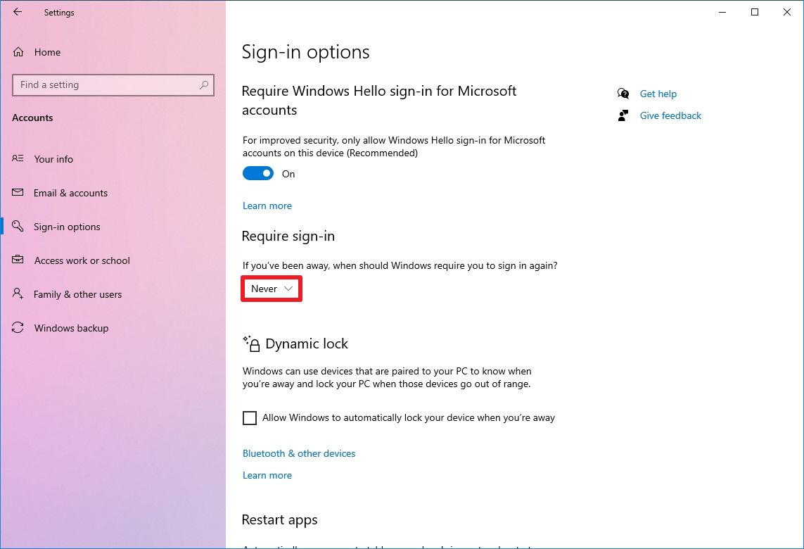 Windows 10 never require sign-in after sleep
