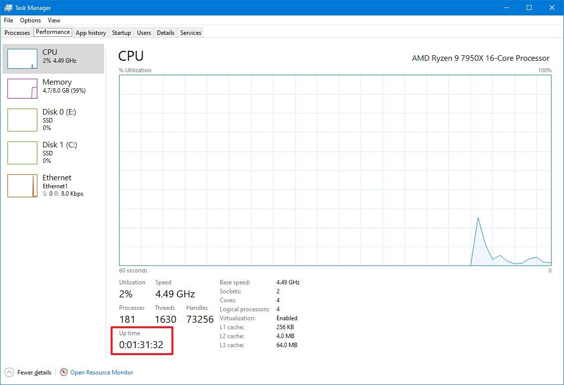 التحقق من مدة تشغيل جهاز الكمبيوتر باستخدام إدارة المهام (Task Manager PC uptime check)