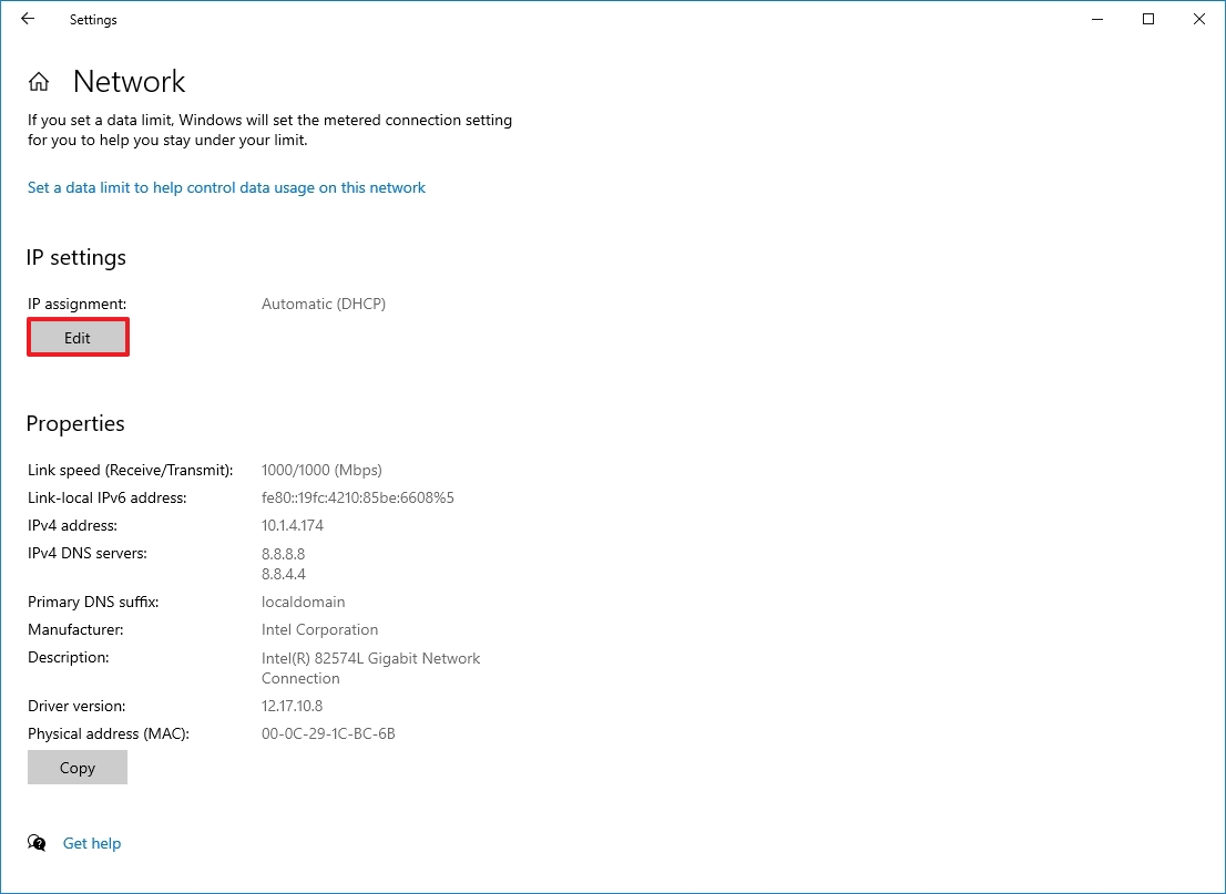 Network settings edit IP address