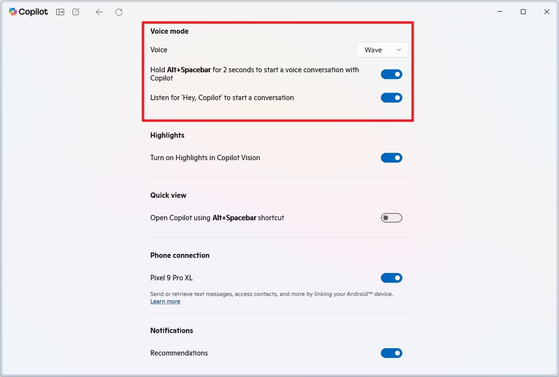 Copilot configure voice mode
