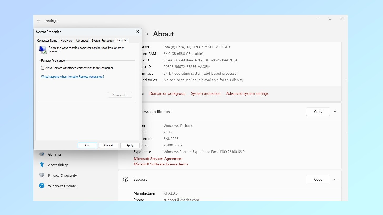 The remote desktop menu in Windows 11